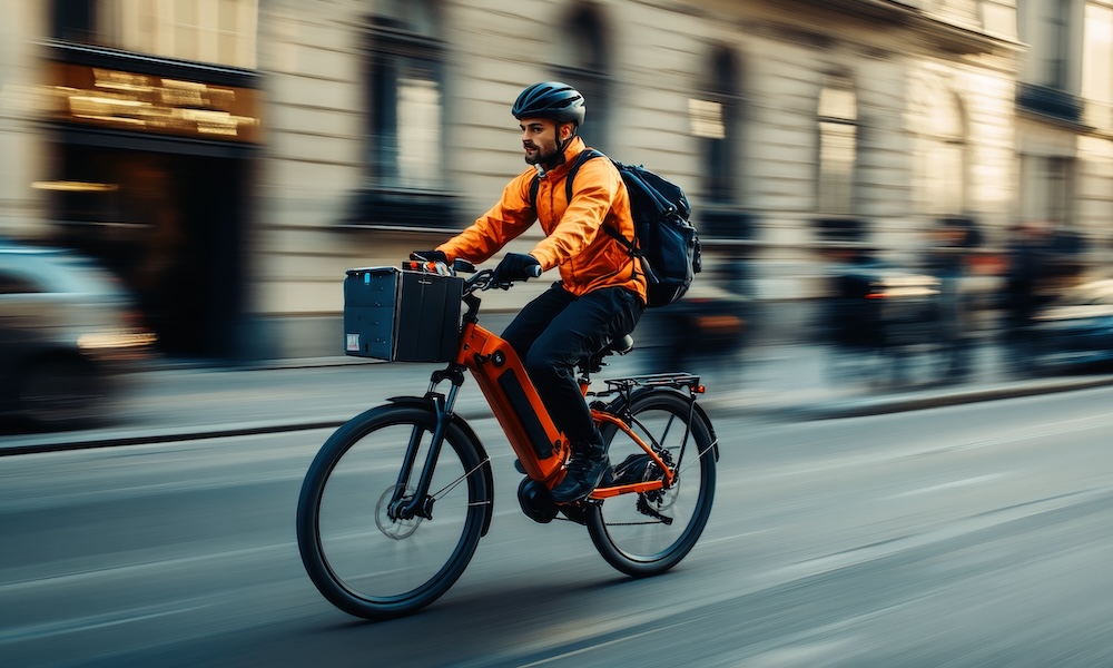 E-Bikes and Electric Scooters: Are They Covered by Insurance? - Man riding an ebike down a city street.